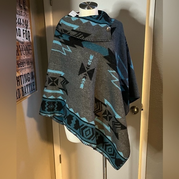 Women’s western wool reversible poncho gray and teal by Rhonda Stark - Picture 1 of 11